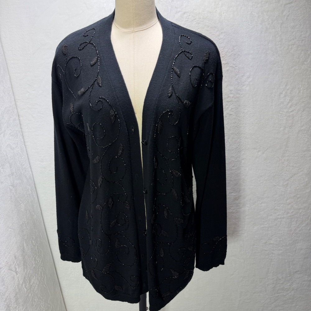 Liz Claiborne Collection Womens Medium Black Beaded Open Front Sweater Cardigan